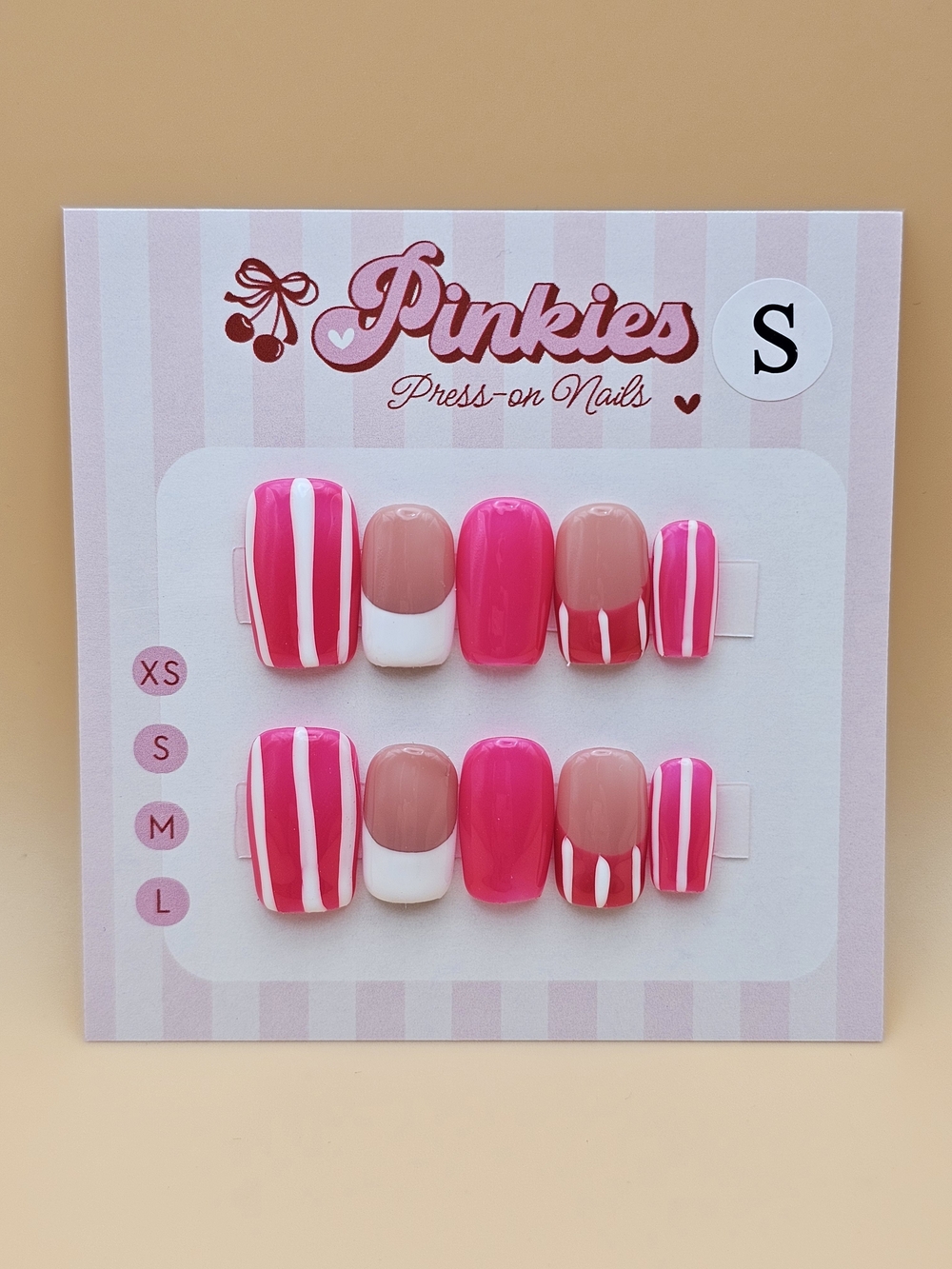 Press-on Nails Set 10pc Size S Short Squate Hot Pink White French Tips Stripes